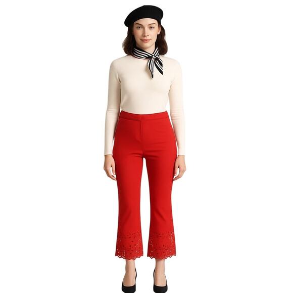 Derek Lam 10 Crosby Cropped Red Flare Pants Eyelet Hem  2P - Picture 1 of 12